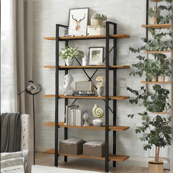 Rafaelo Mobilia Industrial 5 Tier Rustic Brown Bookcase