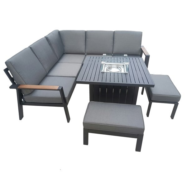 Furniture One Garden Furniture 7 Seater Set, Aluminium Patio Corner Sofa with Firepit Table, Stools & Soft Cushions