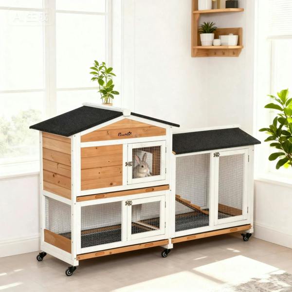2-tier indoor rabbit hutch with run, white wire mesh, wood panels, black roof pads, wheels