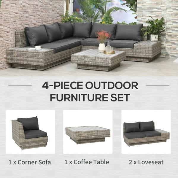 4-piece outdoor rattan furniture set in light grey with black cushions and coffee table