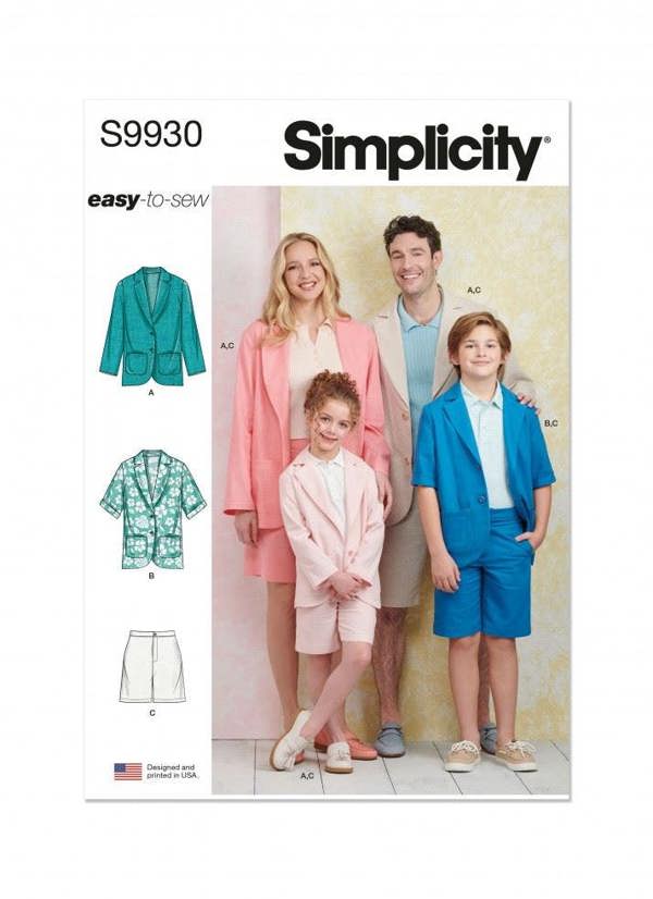 Simplicity Sewing Pattern 9930, Jackets, Shorts, Suits for Men, Women, Teenagers, Kids, A (XS - L / XS - XL) - Easy
