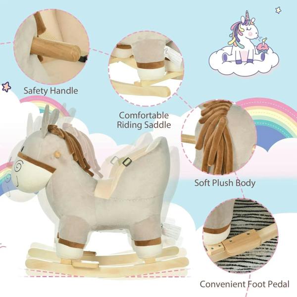 Grey plush donkey rocker showing safety handle, padded seat, and soft saddle detail