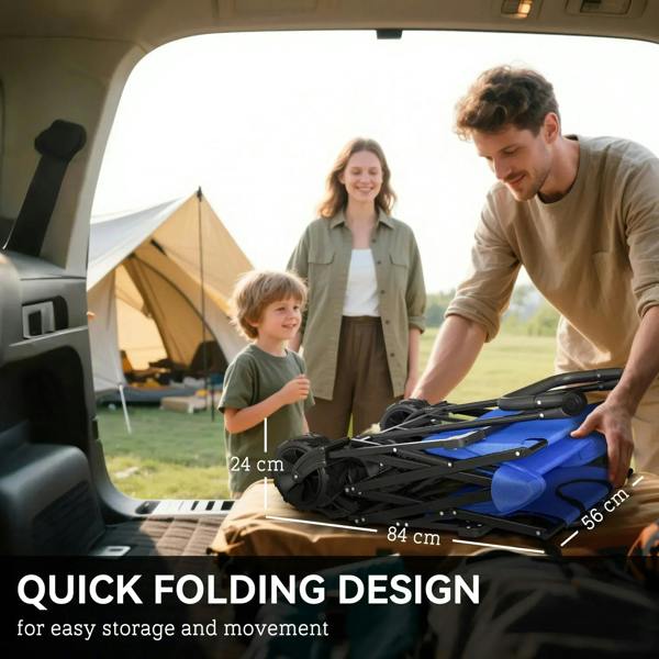 Blue folding storage wagon with overhead canopy and side pockets on open frame
