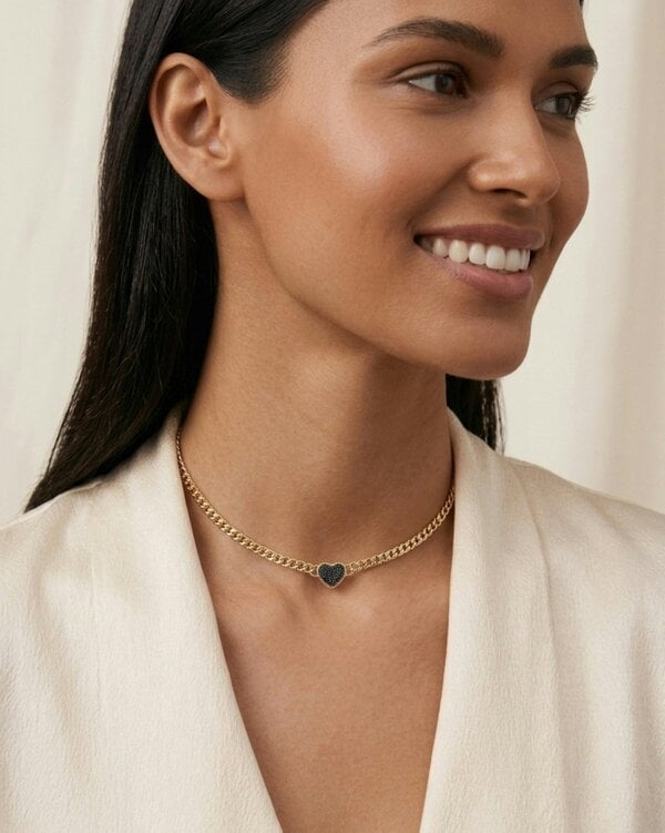 BLOOMTINE Loves Frequency™ 18K Solid Gold Black Diamond Heart Choker Necklace