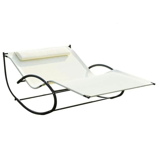 Cream two-person rocking sun lounger with headrest pillow and black armrests