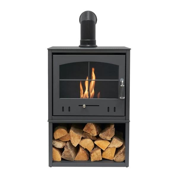OKO S4 Bio Ethanol Stove with Log Storage in Charcoal Grey with Angled Stove Pipe