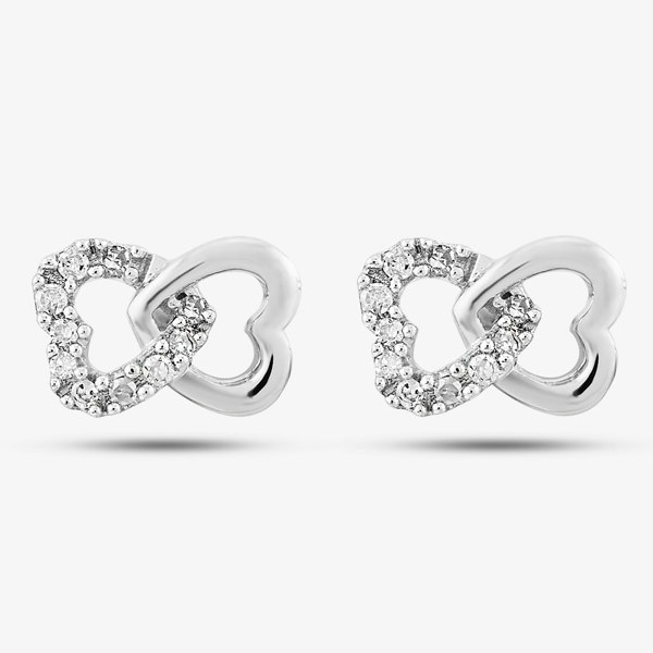 T. H. Baker 9ct White Gold & Pave Diamond Double Open Hearts Stud Earrings PE05599