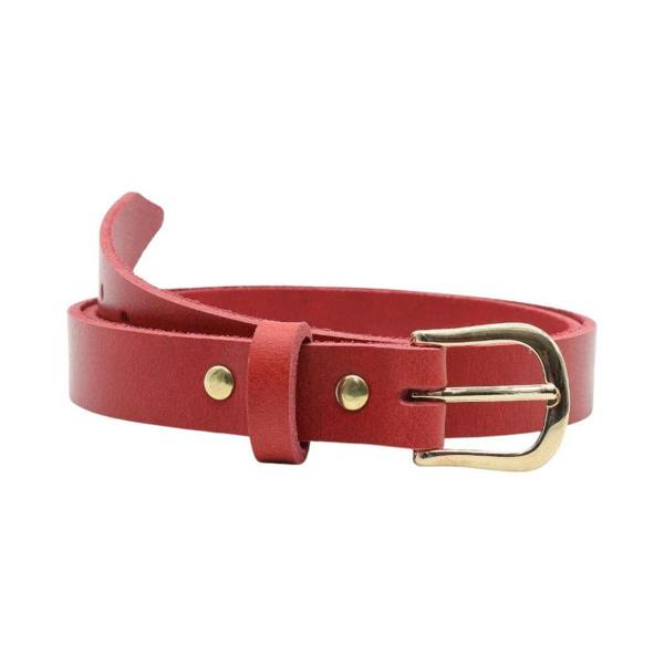 Front view of Red belt with gold buckle on a white background