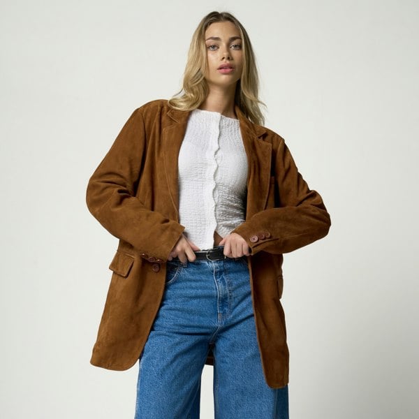Barneys Originals Women's Oversized Tan Suede Blazer