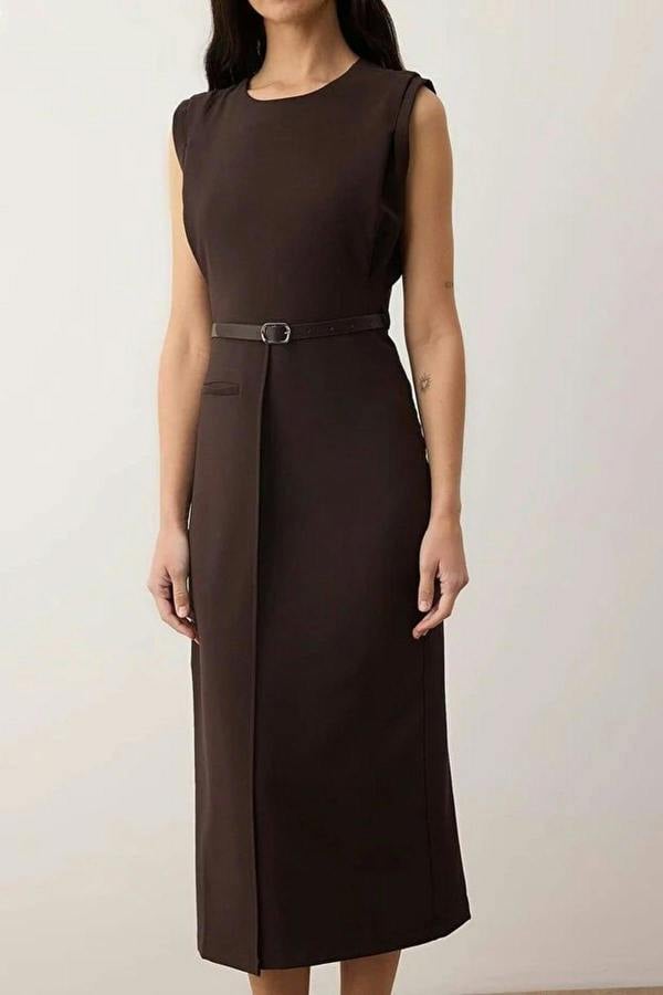 WOVCOR Belt Detailed Woven Midi Dress