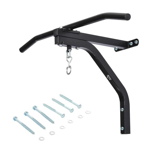 Black wall-mounted punching bag hanger bracket with hanging chain and hook