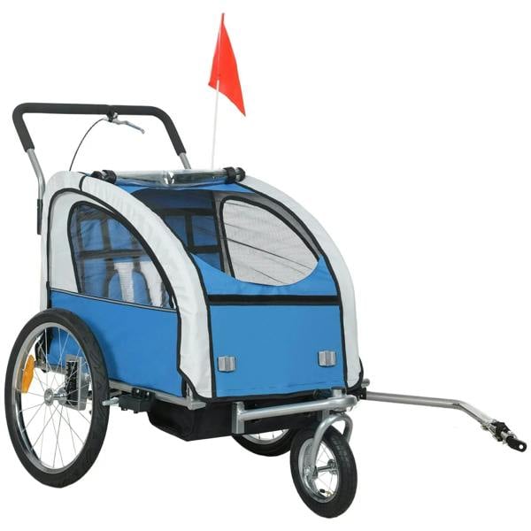 Blue two-seat bike trailer with canopy, front wheel, and safety flag