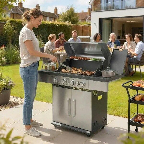 Bobobiy 4+1 Burner Gas BBQ Grill, Portable Gas Barbecue Grill with Side Burner, Warming Rack, Side Shelf, Storage Cabinet - Silver