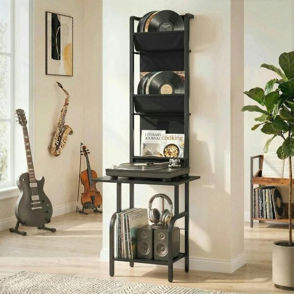 Bobobiy Vinyl Record Player Stand Record Storage with Player Stand Oxford Fabric Pockets Bottom Shelf, Black - Black