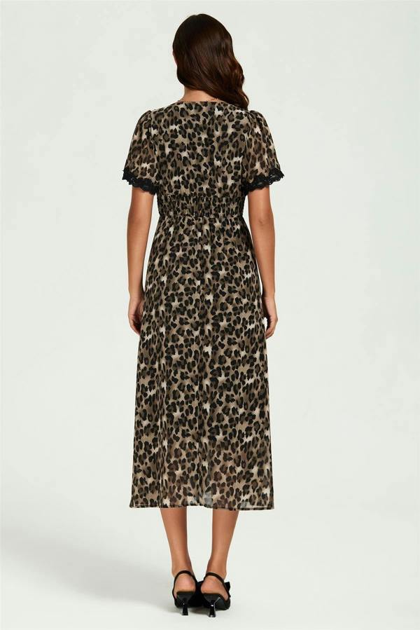 FS Collection Leopard Print Lace Trim On Sleeve Midi Dress In Brown