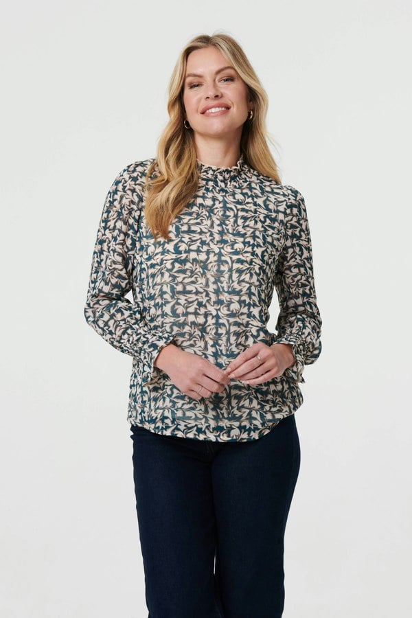 Green | Printed Long Sleeve High Neck Top
