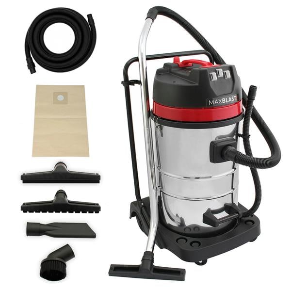 80L wet and dry vacuum with a shiny silver body, red accents, 5m hose, and multiple attachments for versatile cleaning tasks
