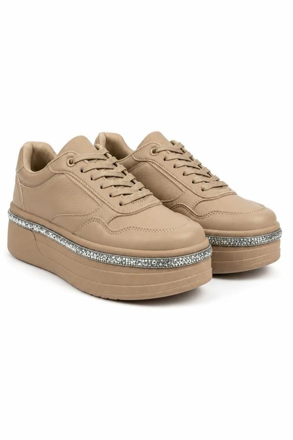 Love Lemonade Crystal Diamante Trim Platform Trainers Mocha