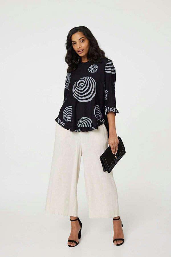 Black | Abstract Print Frill Hem Tunic Top