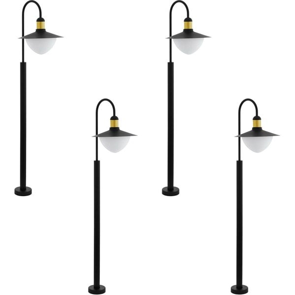4 PACK IP44 Outdoor Bollard Light Black & Gold Curved Arm Post 1x 60W E27 Loops