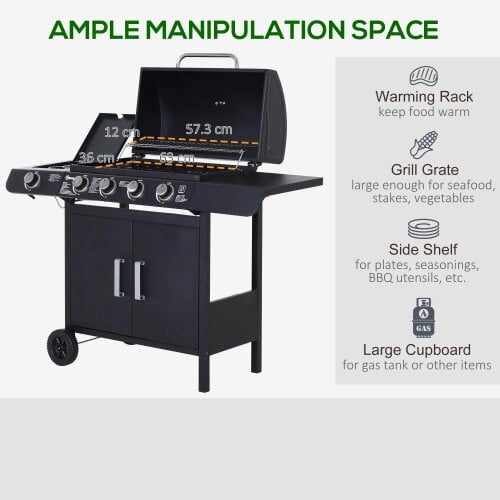 Bobobiy 4+1 Burner Gas BBQ Grill, Outdoor Barbecue Trolley with Wheels, Warming Rack, Side Shelves, Thermometer, 125 L x 51 W x 100 H cm, Black