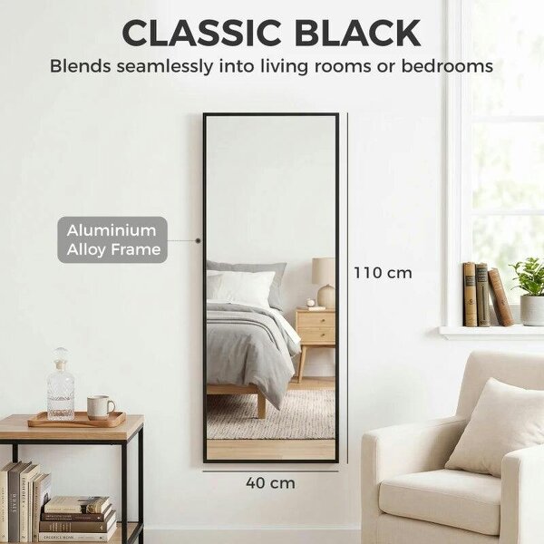 40 x 110 cm Full Length Wall Mirror, Rectangular Mirror with Adjustable Hooks, Over the Door or Wall Mounted, Black
