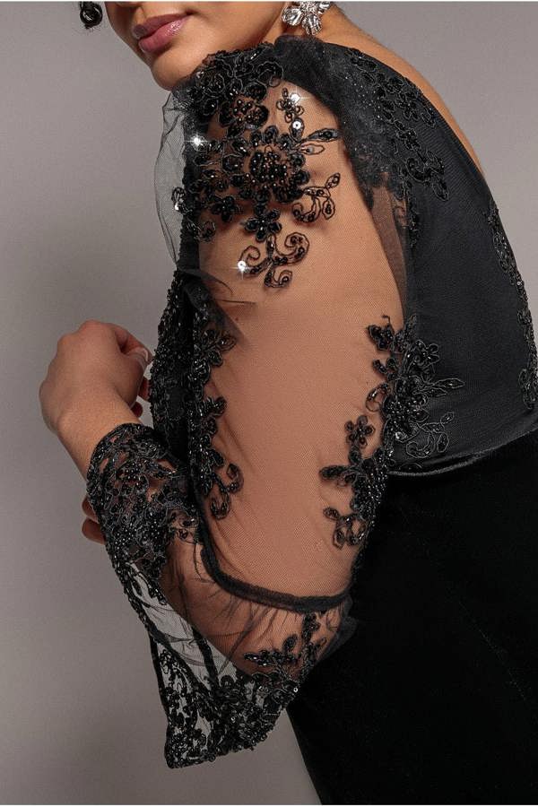 Scalloped Lace & Velvet Maxi Dress - Black DR3972PLUS