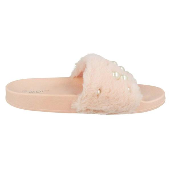 Spot On Ladies Spot On Pearl Trim Faux Fur Slider Style Sandals