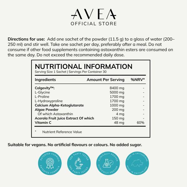 AVEA Collagen Activator - Lemon 30 Powder Sachets - 8400mg Colgevity™ - 4x More Effective Than Regular Collagen - Youthful Skin, Hair & Nails - Vegan Friendly