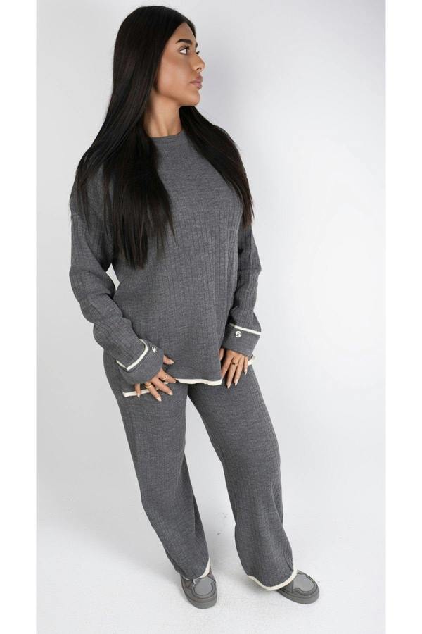 Lara Ribbed Contrast Trim Top And Wide Leg Trouser Co-ord Set - Grey