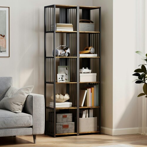 Wyld Haus Remo Metal And Wood Rustic Brown 5 Tier Bookshelf With Steel Frame