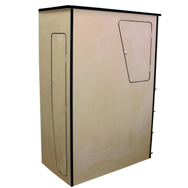 MDF camper van kitchen unit in light wood finish, featuring a sleek design, black trim, and a side door for easy access