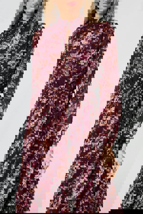 Burgundy | Floral Semi Sheer Mesh Layer Midi Dress