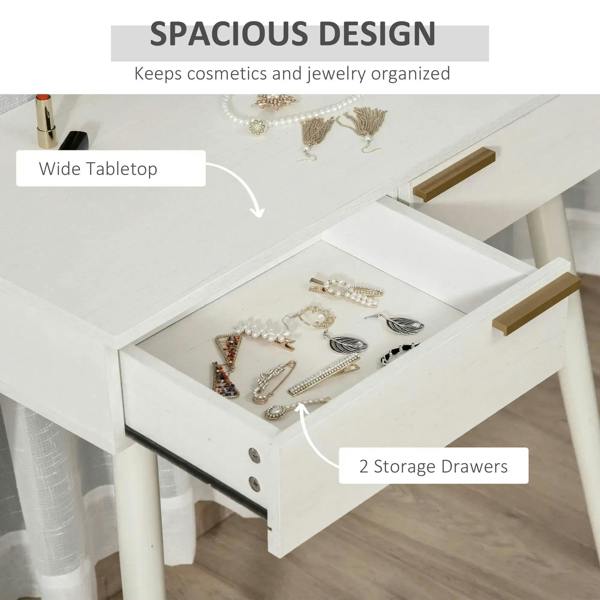 White dressing table with open drawers, gold-toned pull hardware and organized jewelry