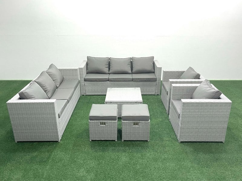 Fimous Outdoor Rattan Sofa Garden Furniture Set with 2 Armchairs Square Coffee Table 2 Small Footstools Light Grey Mixed