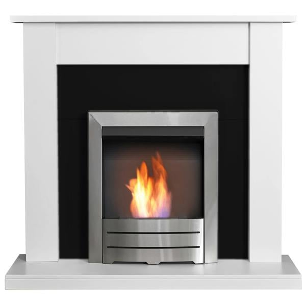 Adam Sutton Fireplace in Pure White & Black with Colorado Bio Ethanol Fire in Brushed Steel, 43 Inch