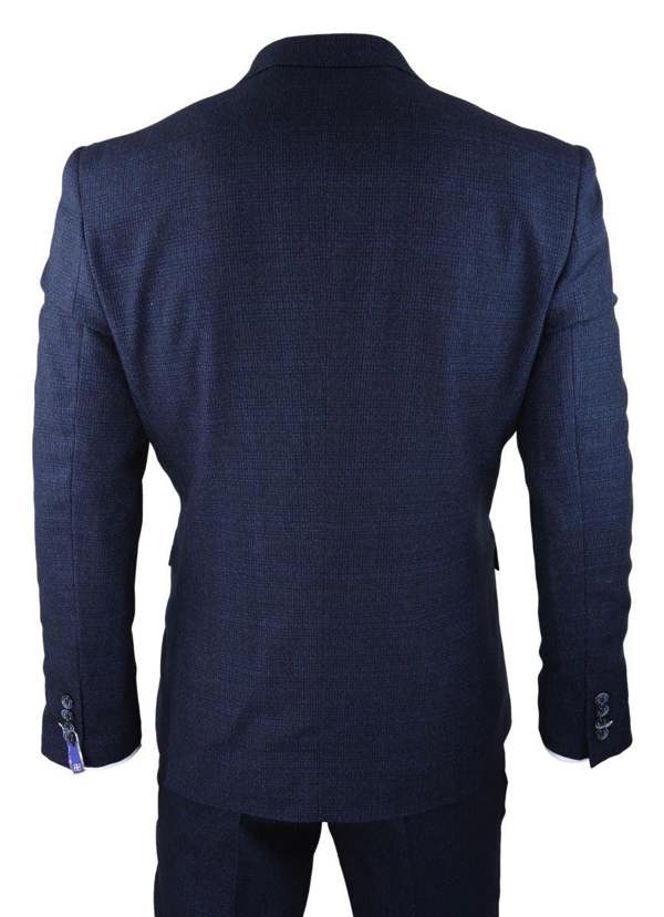House of Cavani Mens 3 Piece Navy Blue Check Tweed Retro Classic Suit