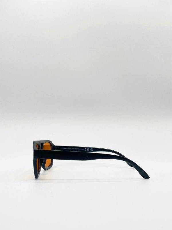 70's Navigator Sunglasses In Black With Orange Lenses - svnx