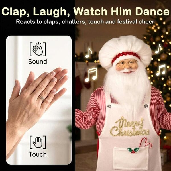Bobobiy 4ft Singing Cooking Santa Claus, Standing Christmas Animated Santa Figure with Head Moving, Sound/Touch Activated