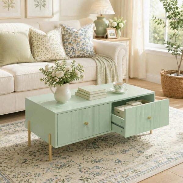 Modern Coffee Table, Living Room Table with Storage, 2 Drawers and Metal legs for Bedroom, Light Green