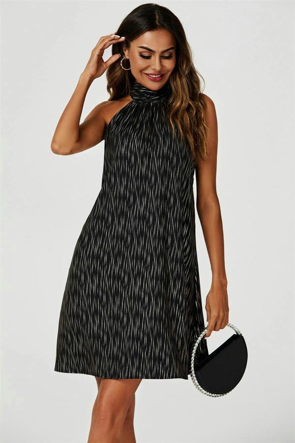 FS Collection Gold Foil Halter Neck Tie Back Mini Dress In Black