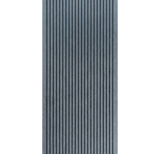 Grey composite decking boards with a textured, grooved surface, showcasing a modern design ideal for outdoor spaces