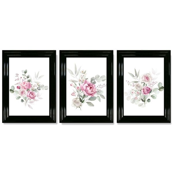 Set of 3 Pink Roses with Eucalyptus Bouquets Framed Art Prints with Glossy Black Frames
