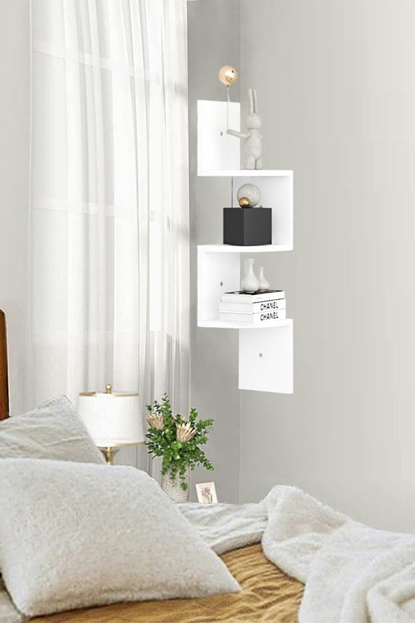 Living and Home 3-Tier Wooden Zigzag Floating Corner Shelves