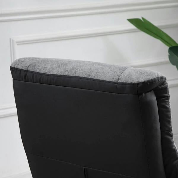Black upholstered side panel with stitched seams and padded top edge for recliner.