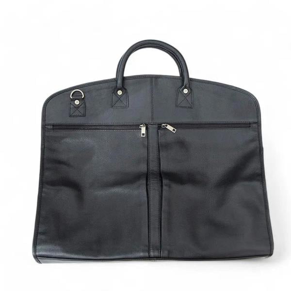 Black suit garment bag with handles on a white background