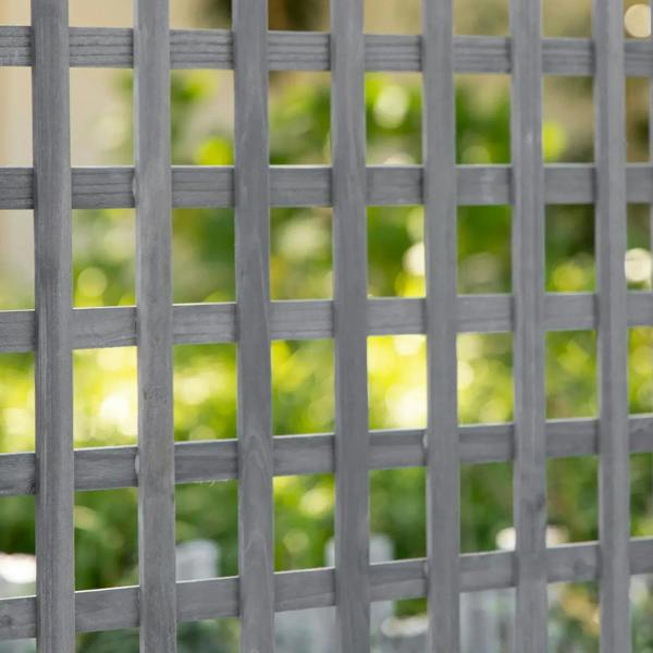 Grey square grid trellis panel for climbing plants on a raised planter
