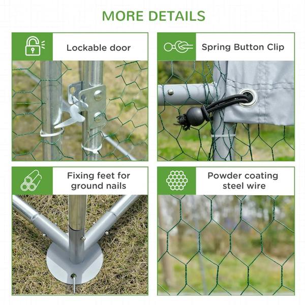 Chicken coop accessory details: lockable door, spring clips, ground fixing feet