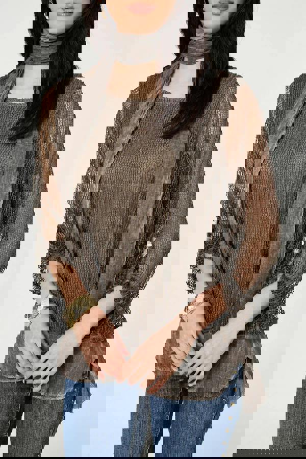 Brown | Sparkly Mesh Scarf Detail Layered Top