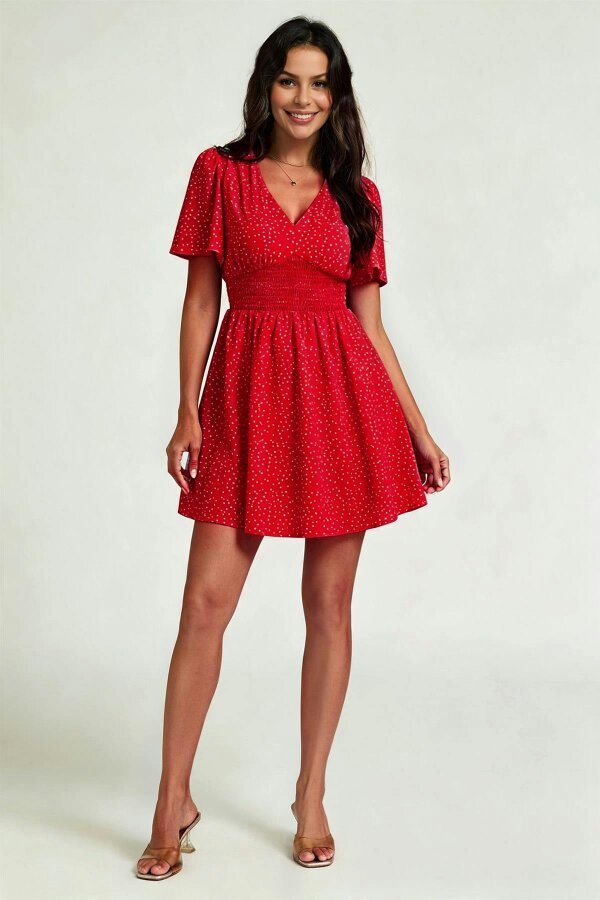 FS Collection Dot Print Short Sleeve Mini Dress In Red